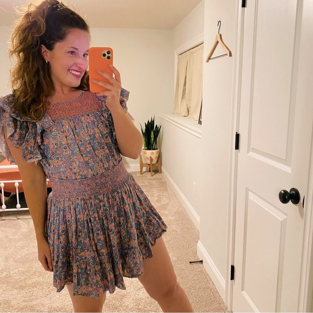 LoveShackFancy Blue Pink Floral Cotton Smocked Mini Dress Medium